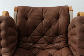 SOLD - Bruno Mathsson Pernilla Lounge Chair incl. Stool of Chocolate Coloured Leather for Dux 1970s. Scandinavian Modern.