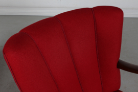 Pair of Art Deco Easy Chairs in Viggo Boesen Style, Dark Stained Beech + Red Wool, Denmark 1930's