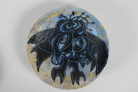 Danish Leif Messell Round Ceramic Dish with Figurative Bat Motif 1997 Danish Ceramics
