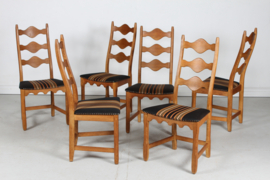 SOLD - Set of 6 Danish Henning Kjærnulf Chairs of Solid Oak with Original Striped Wool 1970s. Danish Modern.