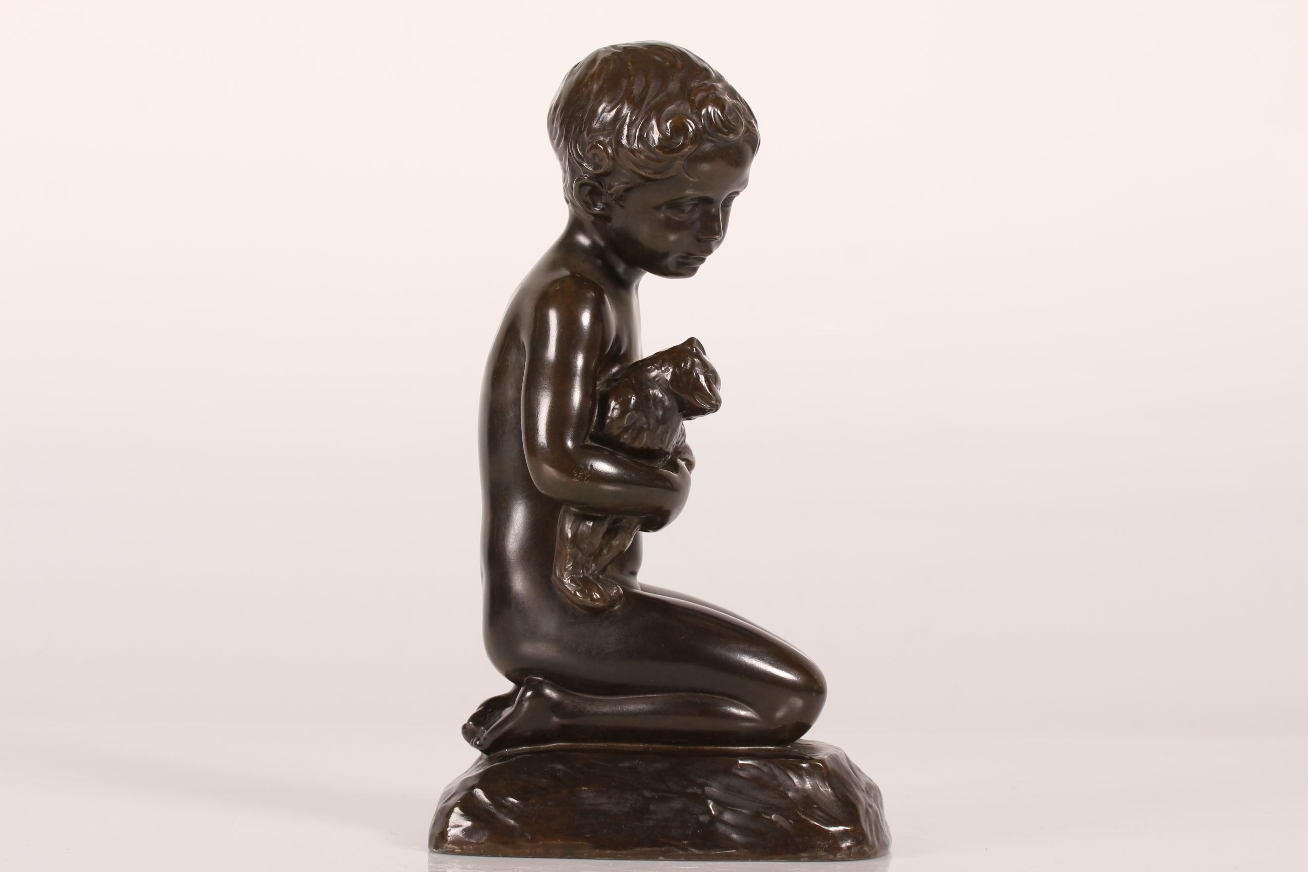 Just Andersen Figurine of Boy with Bear by E. Borch of Disco Metal Denmark 1940s