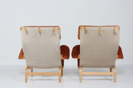 Pair Bruno Mathsson Pernilla Easy Chairs, Beech Wood with Cognac Colored Leather. Dux Sweden 1970s. Scandinavian Modern.