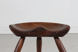Antique Danish Sculptural Milking Stool Dark Wood 3-Legged, Mogens Lassen Style