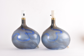 SOLD! Pair of Large Michael Bang for Holmegaard Lamp Art "Asymmetrisk" Midnight Blue Sculptural Glass Table Lamp. Danish Modern Lighting 1970s