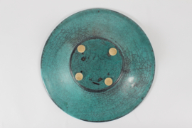 H. A. Kähler Art Deco Low Ceramic Bowl by Nils Kähler with Fluted Design and Verdigris Green Glaze  1930s
