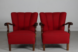 Pair of Art Deco Easy Chairs in Viggo Boesen Style, Dark Stained Beech + Red Wool, Denmark 1930's