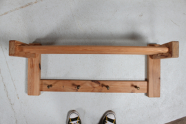 1970s Swedish Brutalist Hall Shelf by Glas Mäster Markaryd, Solid Pine with Brass Hooks, Scandinavian Modern