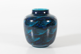 SOLD - Nils Thorsson for Royal Copenhagen Turquoise Blue Ceramic Jar Vase with Fish Motif Model 21299, Danish Modern 1960s
