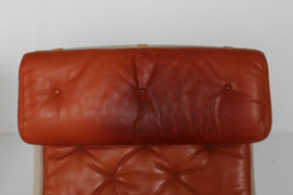 Pair Bruno Mathsson Pernilla Easy Chairs, Beech Wood with Cognac Colored Leather. Dux Sweden 1970s. Scandinavian Modern.