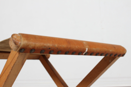 Danish Artist Stool of Beech and Cognac Colored Leather Mounted with Brass Nails.  1950s. Vintage Mid-century Design.