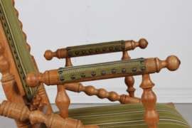 Danish Rocking Chair in the Style of Henning Kjærnulf. Solid Oak, Striped Wool and Brass Nails 1970s. Vintage Danish Design.