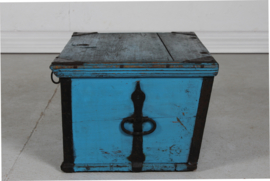 Kid Size Antique Swedish Campaign Chest/Storage Box with Patinated Blue Paint and Iron 1850s