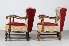 Pair of Danish Art Deco Authentic Lounge Chairs 1940s of Solid Oak, Brutalist Style
