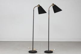 Pair of Scandinavian Adjustable Floor Lamps of Black Lacquer and Brass 1940s. Scandinavian Modern.