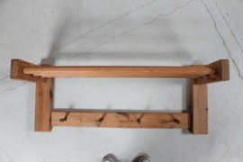 1970s Swedish Brutalist Hall Shelf by Glas Mäster Markaryd, Solid Pine with Brass Hooks, Scandinavian Modern