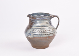 Gutte Eriksen Studio Pottery Small Pitcher with Blue & Brown Glaze and Embossed Decor Danish Mid-century Ceramic