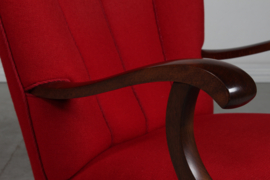 Pair of Art Deco Easy Chairs in Viggo Boesen Style, Dark Stained Beech + Red Wool, Denmark 1930's