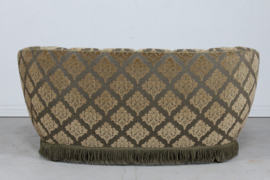 Danish Art Deco Curved Sofa/ Couch, Green Velour Upholstery with a Diagonal Floral Design. Made in Denmark in the 1950s.