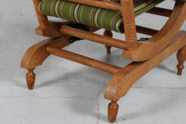 Danish Rocking Chair in the Style of Henning Kjærnulf. Solid Oak, Striped Wool and Brass Nails 1970s. Vintage Danish Design.