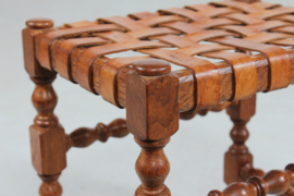 Axel Einar Hjorth style Stool of oak with Cognac Colored Leather Strips by Danish Cabinetmaker 1930s