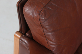 Finn Juhl style Two-Seat Sofa with Dark Cognac-Colored Leather Made in Denmark. Mid-century Modern