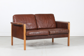 Finn Juhl style Two-Seat Sofa with Dark Cognac-Colored Leather Made in Denmark. Mid-century Modern
