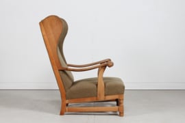 Stunning High Back King Chair of Solid Oak with Greenish Wool Denmark 1930-40. In the  Style of Axel Einar Hjorth/Henning Kjærnulf.