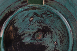 H. A. Kähler Art Deco Low Ceramic Bowl/Ceramic Dish with Verdigris Green Glaze, Nils Kähler Denmark 1940s