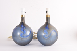 SOLD! Pair of Large Michael Bang for Holmegaard Lamp Art "Asymmetrisk" Midnight Blue Sculptural Glass Table Lamp. Danish Modern Lighting 1970s