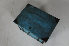 Kid Size Antique Swedish Campaign Chest/Storage Box with Patinated Blue Paint and Iron 1850s