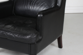 Danish Modern Wingback Chair with Stool  in Kaare Klint Style, Stained beech and Black Leather