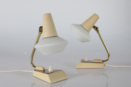 Stilnovo Style Pair of 1950s Bedside Table Lamps, Cream Colored with White Glass Shades, Mid-century Lightning.