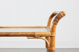 Vintage Cane Bar/Drinks Trolley on Wheels with Frosted Glass, Denmark, 1950s