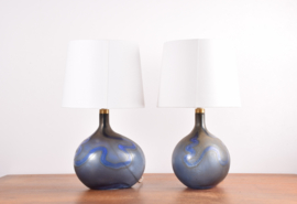 SOLD! Pair of Large Michael Bang for Holmegaard Lamp Art "Asymmetrisk" Midnight Blue Sculptural Glass Table Lamp. Danish Modern Lighting 1970s