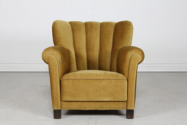 SOLD! Art Deco Lounge Chair Fritz Hansen Style Upholstered with Olive Green Velvet, Denmark 1930s-1940s