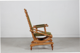 Danish Rocking Chair in the Style of Henning Kjærnulf. Solid Oak, Striped Wool and Brass Nails 1970s. Vintage Danish Design.