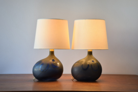 Pair of Michael Bang for Holmegaard Lamp Art "Asymmetrisk" Medium Midnight Blue Sculptural Glass Table Lamps. Danish Modern Lighting 1970s