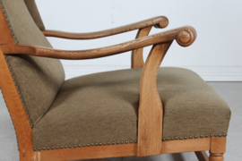 Stunning High Back King Chair of Solid Oak with Greenish Wool Denmark 1930-40. In the  Style of Axel Einar Hjorth/Henning Kjærnulf.
