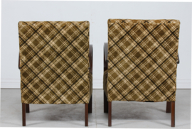 Danish Art Deco 2 Club Chairs Almost Identical of Dark Wood and Checked Velour, 1940s