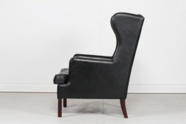 Danish Modern Wingback Chair with Stool  in Kaare Klint Style, Stained beech and Black Leather