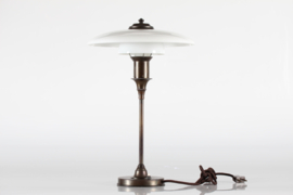 Sold - Danish Art Deco Table Lamp, Patinated Brass with Shades of White Opaline Glass, Fog & Mørup 1940s. Danish Lightning