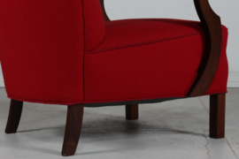 Pair of Art Deco Easy Chairs in Viggo Boesen Style, Dark Stained Beech + Red Wool, Denmark 1930's