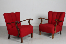 Pair of Art Deco Easy Chairs in Viggo Boesen Style, Dark Stained Beech + Red Wool, Denmark 1930's