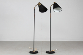 Pair of Scandinavian Adjustable Floor Lamps of Black Lacquer and Brass 1940s. Scandinavian Modern.