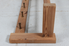 1970s Swedish Brutalist Hall Shelf by Glas Mäster Markaryd, Solid Pine with Brass Hooks, Scandinavian Modern