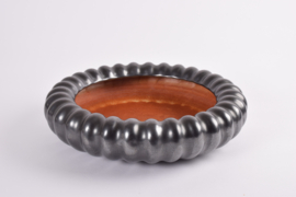 Danish Art Deco Michael Andersen Large Ribbed Bowl Black & Ochre (Burnt Orange) Glaze, 1940s