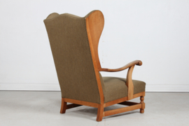 Stunning High Back King Chair of Solid Oak with Greenish Wool Denmark 1930-40. In the  Style of Axel Einar Hjorth/Henning Kjærnulf.