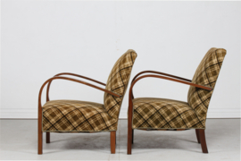 Danish Art Deco 2 Club Chairs Almost Identical of Dark Wood and Checked Velour, 1940s