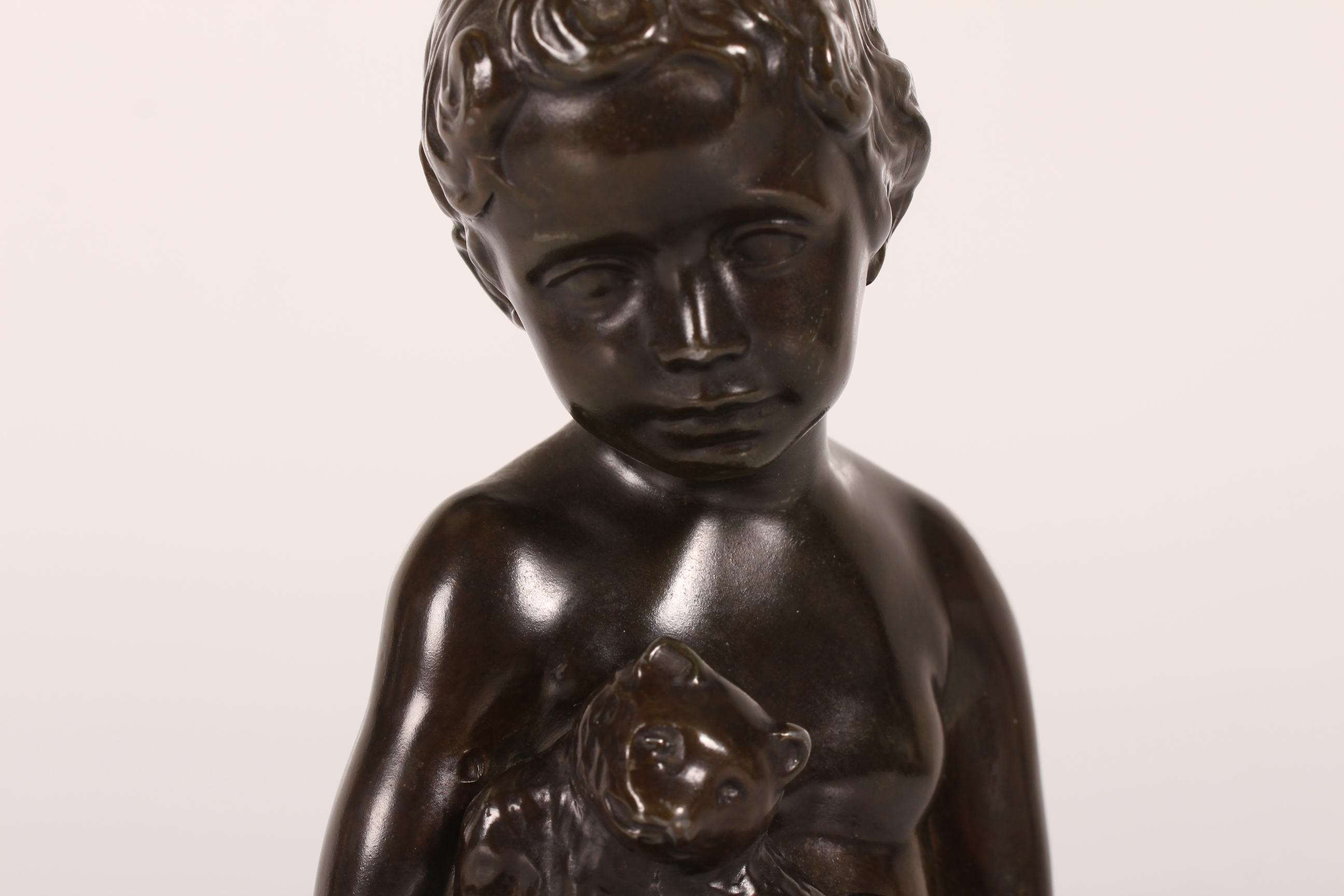 Just Andersen Figurine of Boy with Bear by E. Borch of Disco Metal Denmark 1940s