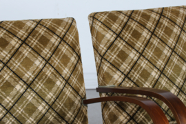 Danish Art Deco 2 Club Chairs Almost Identical of Dark Wood and Checked Velour, 1940s